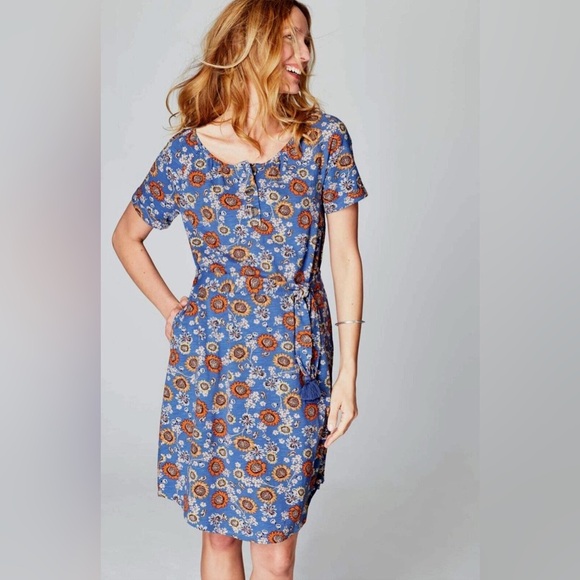 J. Jill Blue Floral Short Sleeve Tie Belt Knee Length Dress K9 - Picture 2 of 9